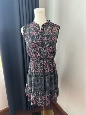 Mossimo Sleeveless Black Floral Tiered Dress with Pink Accents Size Small